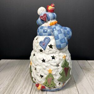Vintage Whimsical Snowman Candle Holder Winter Holiday Christmas Decor Blue Hat